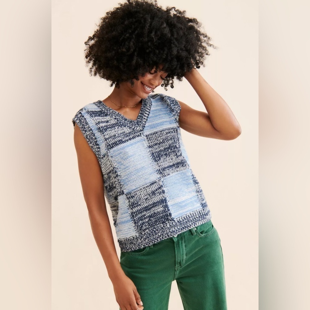 OBEY Women's XL Mira Sweater Vest V-Neck Wool Blend Color Block Blue Knit Twee